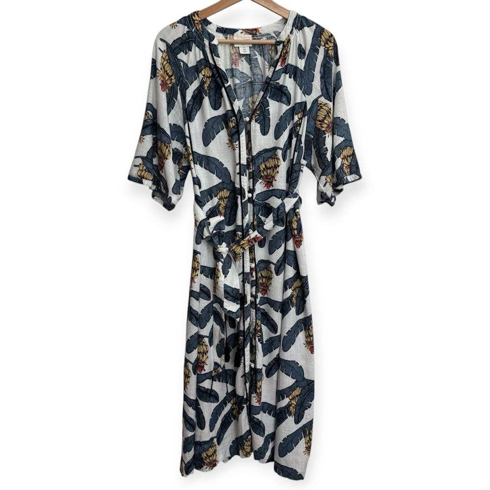 Desmond & Dempsey x H&M Linen Blend Tropical Button Front Kaftan Midi Dress